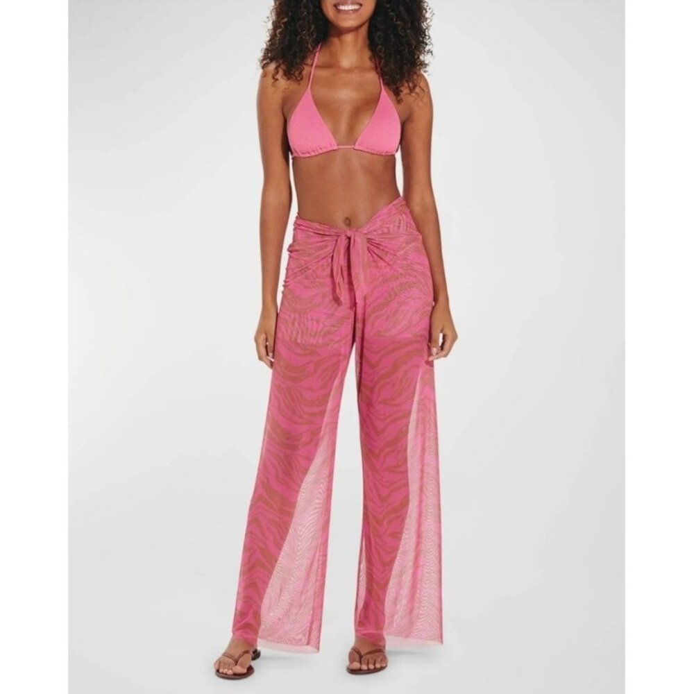VIX Paula Hermanny Cover Up Pareo Pants L Pink Mesh Diani Zebra Sheer Resortwear